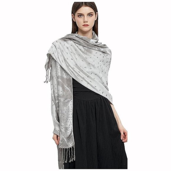 Pashmina Shawl Wrap with Ethnic Feather-grey